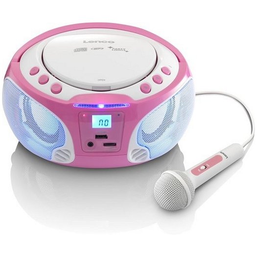 Lenco SCD-650 Karaoke Radio-CD Speler met Licht en Microfoon Roze/Wit