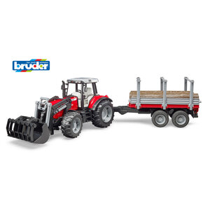 Bruder 02046 Massey Ferguson 7480 Tractor + Voorlader + Houttransportaanhanger + 3 Boomstammen